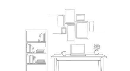 Fototapeta premium Minimalist Home Office Line Art: Desk, Laptop, Bookshelf, and Photo Frames