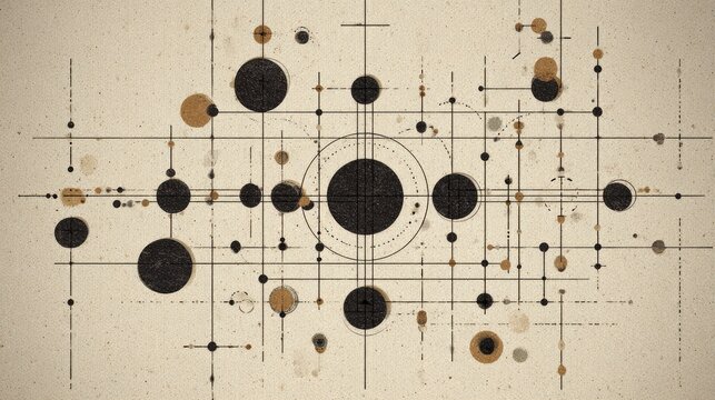 Geometric abstract composition features a complex network of intersecting lines and varied sized circles on a textured background.