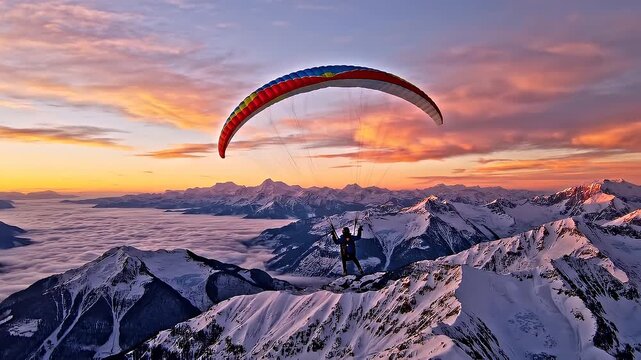 Enjoy a view while paragliding over mountains at sunset with colorful gliders in the sky