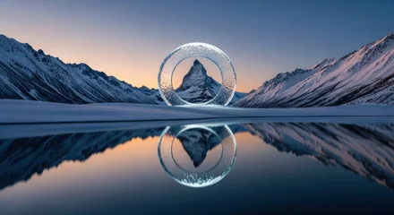Fototapete Reflection Mountain peak reflected in serene water with surrounding snow covered hills  © mochalfin