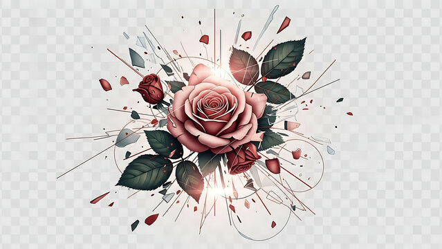 Artistic of a pink rose exploding with shattered glass fragments