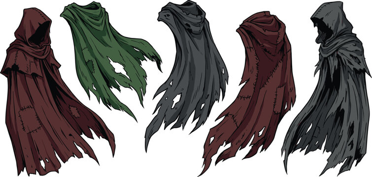 Tattered Cloak Set with Hood and Frayed Edges in Red, Green, Black, and Burgundy for Fantasy, Horror, and Medieval Illustrations