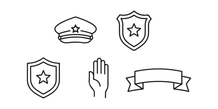 Law enforcement symbols police hat shields hand raised and ribbon banner