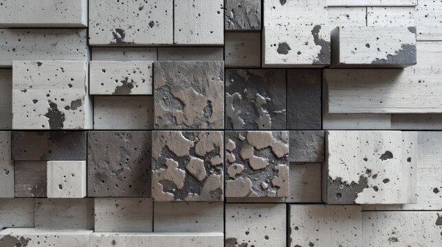 Three dimensional textured blocks form an abstract, modern architectural facade