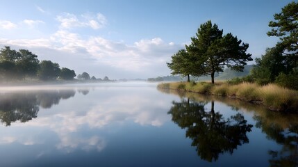 Fototapeta premium Morning mist settles over a tranquil waterway creating perfect reflections of the expansive blue sky and surrounding forest