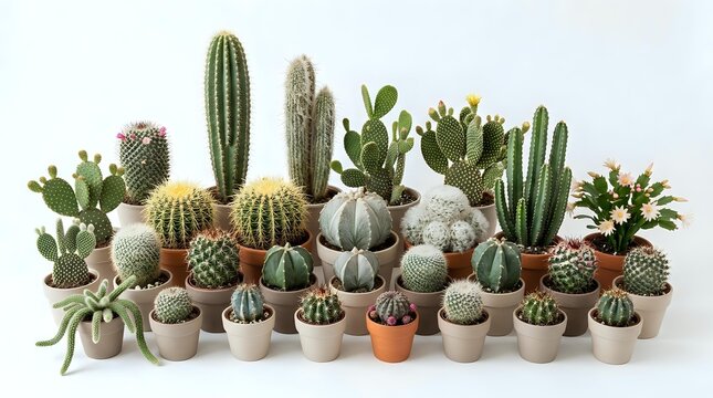 Large collection of various cacti and succulents in terracotta pots arranged on white background, perfect for home decor and gardening projects.