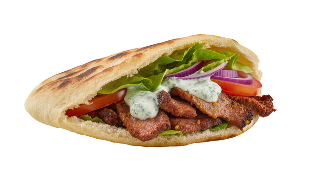 Hearty gyro sandwich with grilled meat lettuce tomato onion and sauce, isolated on transparent background