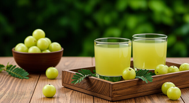Two glasses of fresh amla juice in a wooden tray with amla fruits and leaves, lush green background, healthy