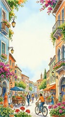 Obraz premium Watercolor Mediterranean street scene with colorful flowers, market stalls, cyclists, and charming architecture, framing a white copy space area.