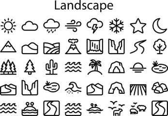 Landscape line icons set, nature and weather vector symbols, 40 environment and geography outline elements for web and app design © Joynul