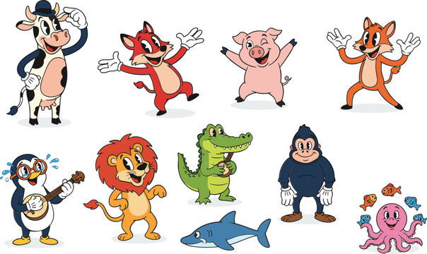 Cute Retro Cartoon Animal Character Set with Cow Fox Pig Lion Shark and Ocean Creatures Vintage Illustration
