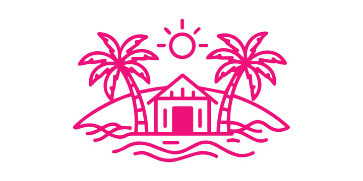 Tropical beach hut illustration with palm trees and ocean waves