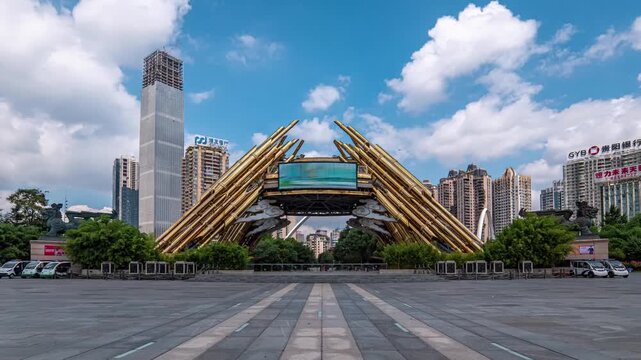 Golden bamboo landmark in Guiyang city plaza, China