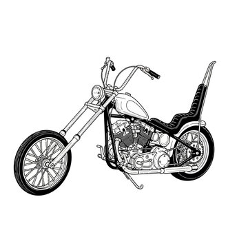Custom Chopper Motorcycle Illustration - Black and White Line Art
