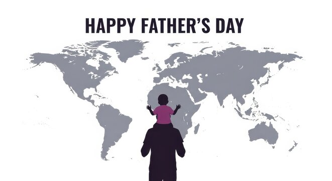 Happy father's day text above a silhouette of a father carrying his child on shoulders, with a world map background.