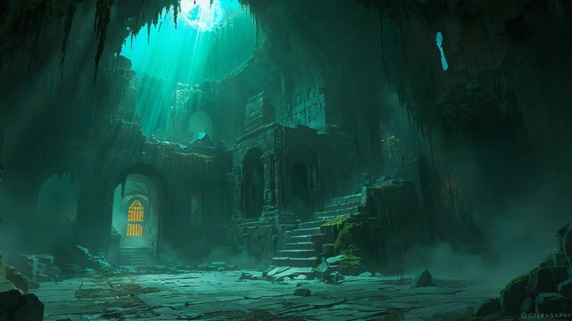 Mysterious ancient underground cavern glowing turquoise light stone stairs illuminated golden archway ruins misty fantasy interior