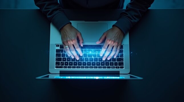 Overhead shot of hands on MacBook with glowing AI text projection, blue digital particles floating in air, dark background subtle blue ambient light, ultra realistic