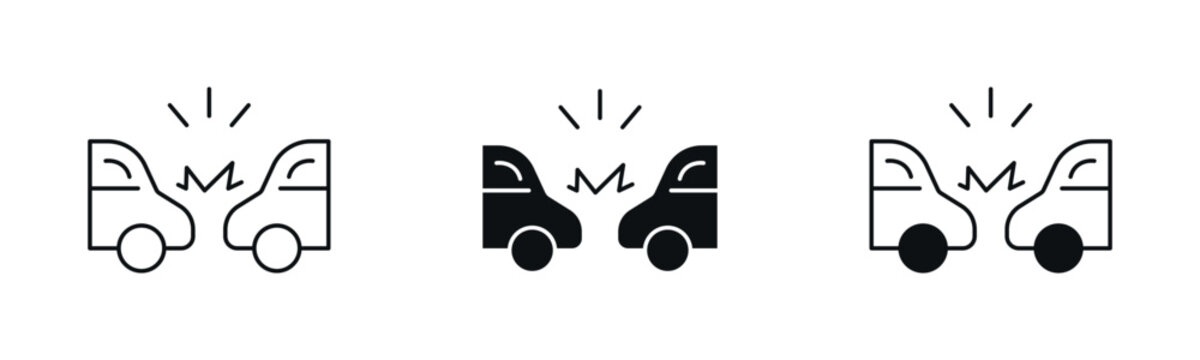 Car Accident Icon Set, Collision Crash Cars Outline and Solid Icon Set .vector illustration