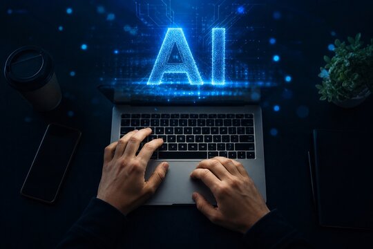 Overhead shot of hands on MacBook with glowing AI text projection, blue digital particles floating in air, dark background subtle blue ambient light, ultra realistic