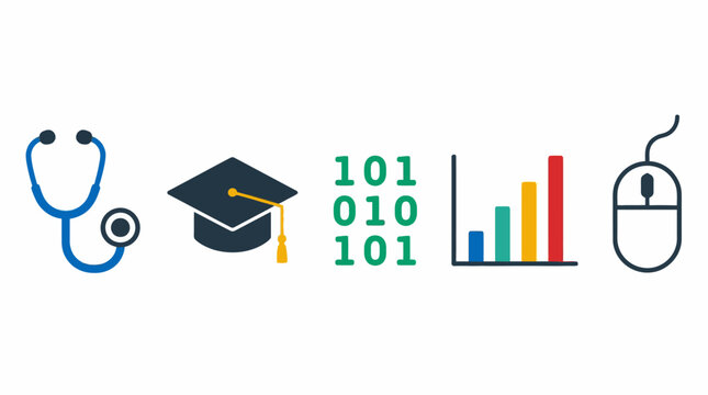 Flat design icons representing medicine, education, and technology, featuring a stethoscope, graduation cap, and binary code elements, symbolizing innovation and future careers in a digital age.