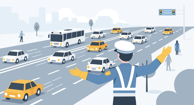 Traffic Cop Directing Busy City Highway Traffic Jam with Cars and Bus