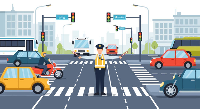 Traffic Cop Directing Cars at Busy City Intersection with Crosswalks and Traffic Lights