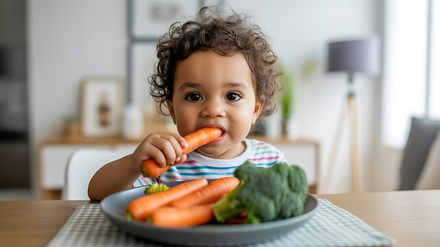 A young child happily eats a carrot stick at a table with vegetables
