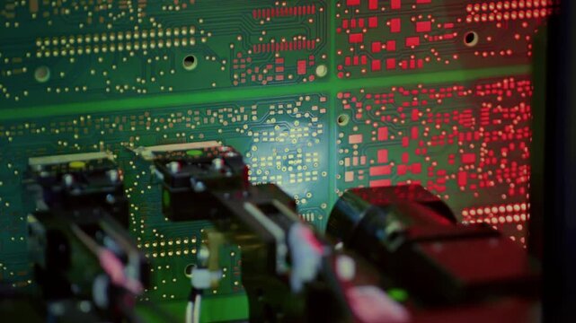 Analysis and diagnostics of electronic circuit board, testing. Machine for checking the connection of chips, transistors. Hardware semiconductor production. Robotic micromanipulator microchip repair