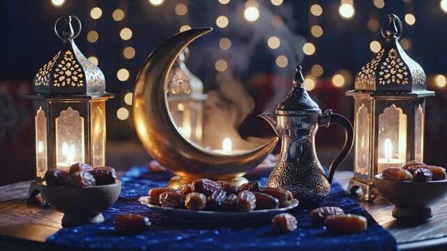 Golden Crescent Moon And Glowing Lanterns On Blue Table With Dates For Ramadan Celebration