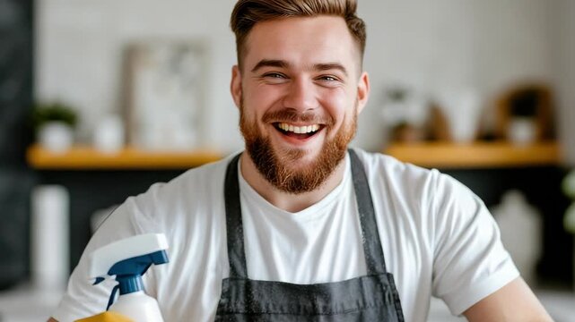 A man cleans his kitchen with a spray bottle. He smiles and shows his enjoyment. He wears yellow gloves and stands in front of clean kitchen shelves