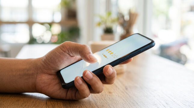 Business professional using smartphone with rating interface, representing customer feedback, online review, user experience evaluation, mobile application interaction, and digital communication techn