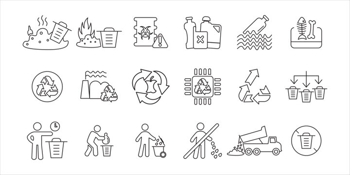 waste icon set bundle. recycling, garbage, trash, waste, pollution, eco, environtment, reuse, bin and more. simple flat line vector