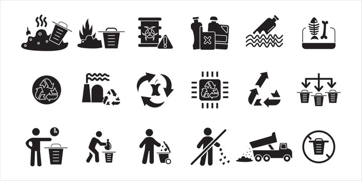 waste icon set bundle. recycling, garbage, trash, waste, pollution, eco, environtment, reuse, bin and more. simple flat solid vector