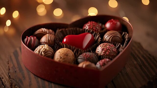 Heart shaped gift box filled with assorted chocolate truffles, red ribbon and warm bokeh lights for romantic celebration and luxury sweets