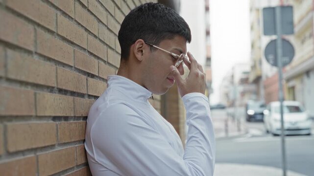 Man adjusts glasses while pinching the bridge of his nose against a brick wall on a street; contemplation.