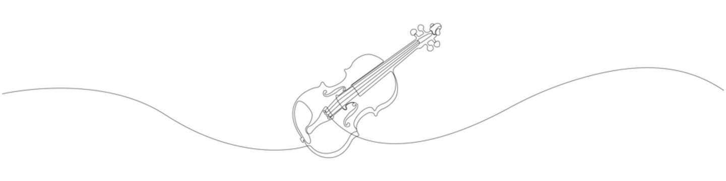 Musical instrument violin one line drawing, minimalist continuous line art of a wooden fiddle, single line illustration with smooth flowing line, clean contour silhouette on white background.