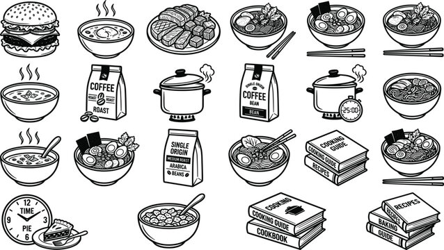 Food and cooking icons set with burger soup noodles coffee pot recipes and kitchen meal preparation elements collection