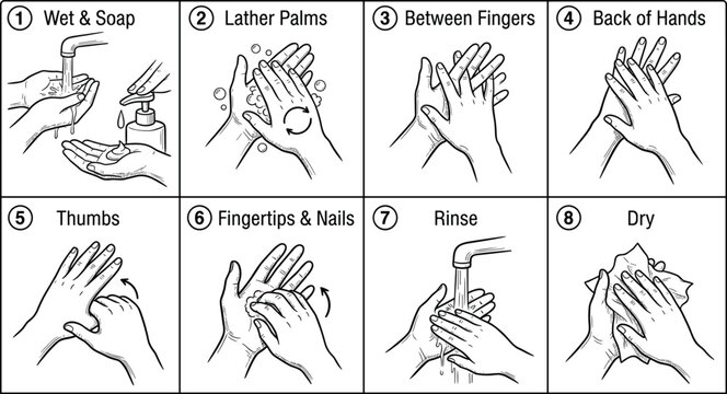 Hand washing steps infographic with soap lather rinse dry sequence hygiene instructions and proper sanitation procedure illustration