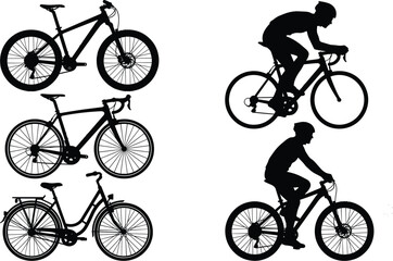 Obraz premium Bicycle and cyclist silhouette set with different bike types and riders isolated on white background vector illustration