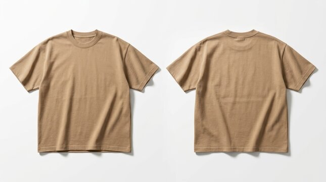 Latte-toned heavyweight cotton t-shirts with a modern boxy fit, shown from front and rear angles against a bright white floor.
