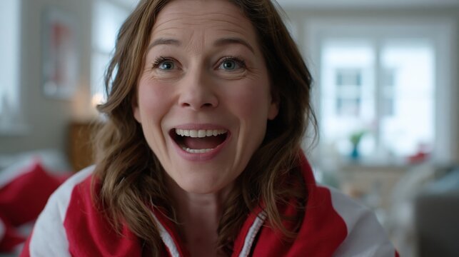 Middle aged woman cheering wrapped in Austria flag in modern living room