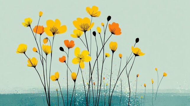 Luminous spring meadow with vibrant yellow and orange blossoms, rendered in a stylized, painterly fashion with delicate stems and a speckled, textured background.