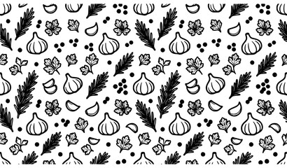 Naklejka premium Garlic peppercorn rosemary parsley flat lay pattern minimalist bold line art vector