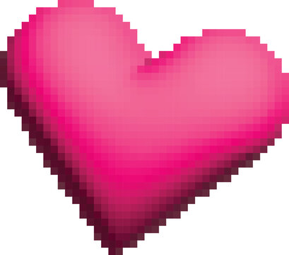 Pixel art heart icon in vibrant pink, retro 8-bit gaming heart symbol, digital love and romance vector illustration for gaming UI and web design
