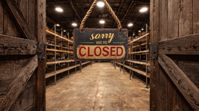 Sorry we are closed sign hanging on rustic wooden doors of an empty warehouse with metal shelving units in the background during a quiet evening time period