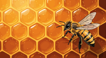 Honeybee on a honeycomb filled with golden honey illustration of a bee in a hive hexagonal wax cells with sweet nectar nature and beekeeping concept © Mamun