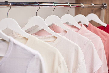 Clothing rail of neatly arranged pastel pink ombre t-shirts on white hangers, minimalist wardrobe display for boutique or closet photography © Rychko Yevhen