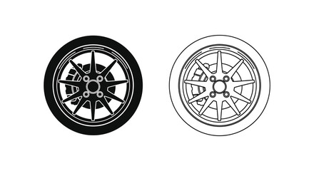 Fototapeta premium Car wheel and tire silhouette black and white outline high quality