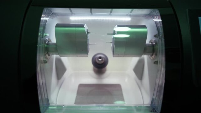 Dental cad cam milling machine cutting an artificial tooth crown