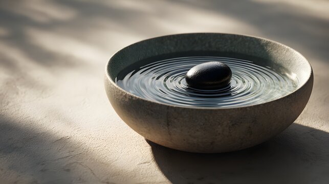水紋が広がる器と石のミニマル構図｜禅・瞑想・リラクゼーションイメージ
Minimal zen bowl with water ripples and stone, meditation and relaxation concept